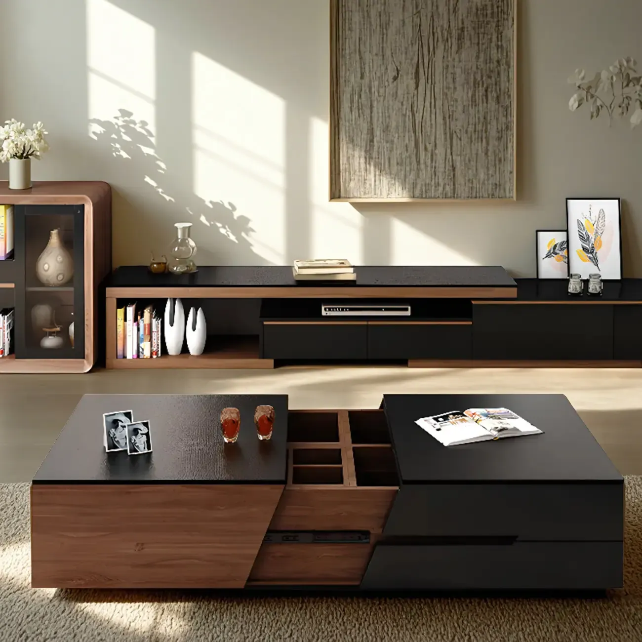 Modern Wood Lift-Top Coffee Table Cabinet, Rectangular Design