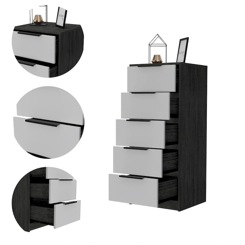 Wood Modern 5 Drawer Dresser Chest with Metal Glides and Handles