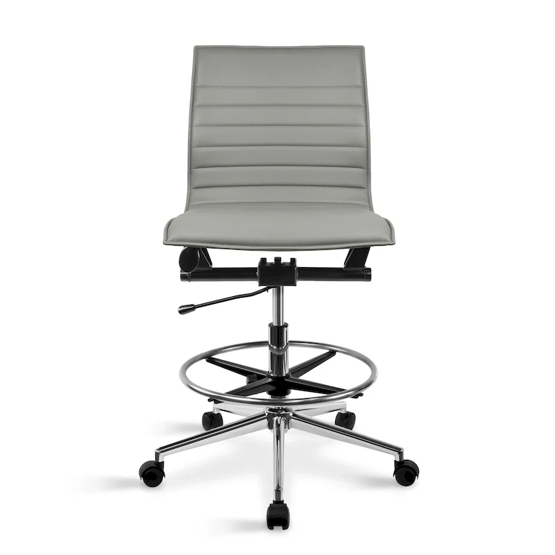 Modern Drafting Chair Upholstered PU Leather Ribbed Armless Mid Back with Tall Adjustable Base & Leg Rest