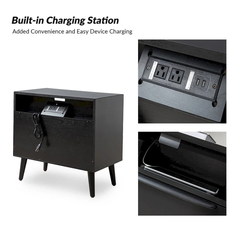 Mid-century Modern 2 - Drawer Nightstand with Built-In Outlets and USB