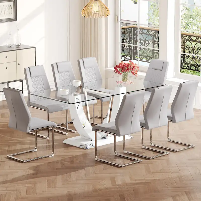 Modern Tempered Glass Dining Table Set with U-shaped Marble Pattern Base and PU Upholstered Chairs