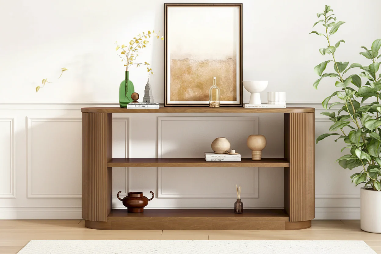 Modern Entryway Table (with Open Shelving and Elegant Wood Grain Design)