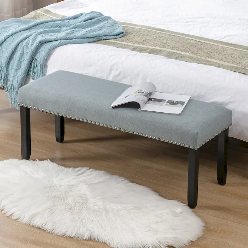 Modern 44 L Nailhead Trim Upholstered Bench with Wood Legs
