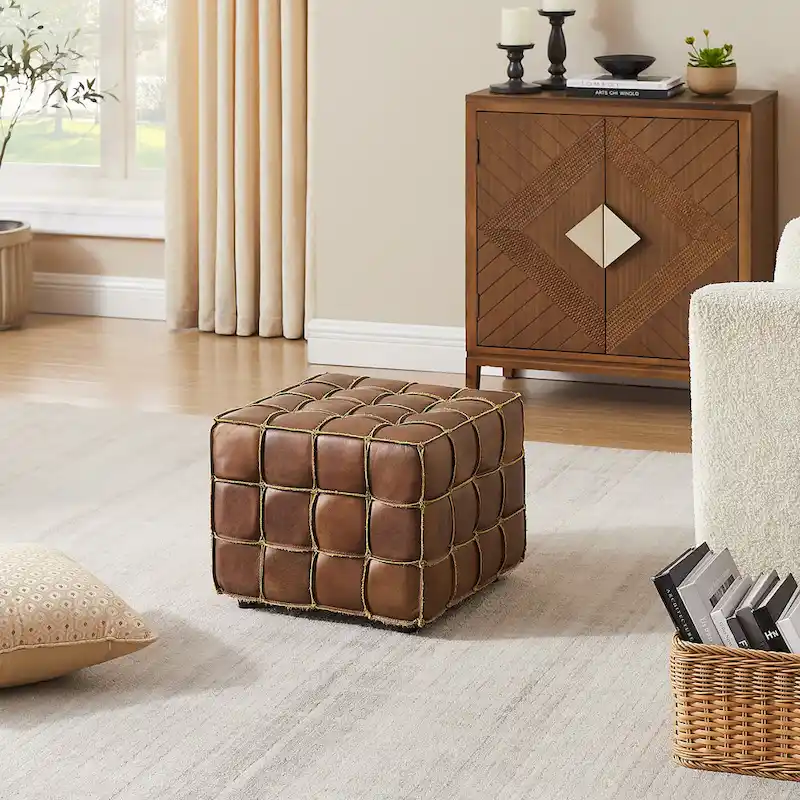 Art Leon Top Grain Leather Square Pouf Ottoman