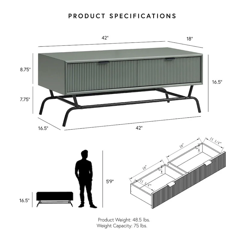DH BASIC 2-Piece Modern Coffee Table and End Table Set with 3D Wave Accented Drawers by Denhour