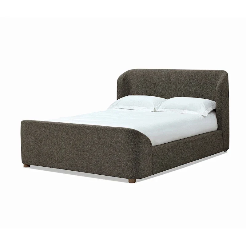 Keni Full Size Platform Bed, Soft Brown Boucle Upholstery, Curved Design