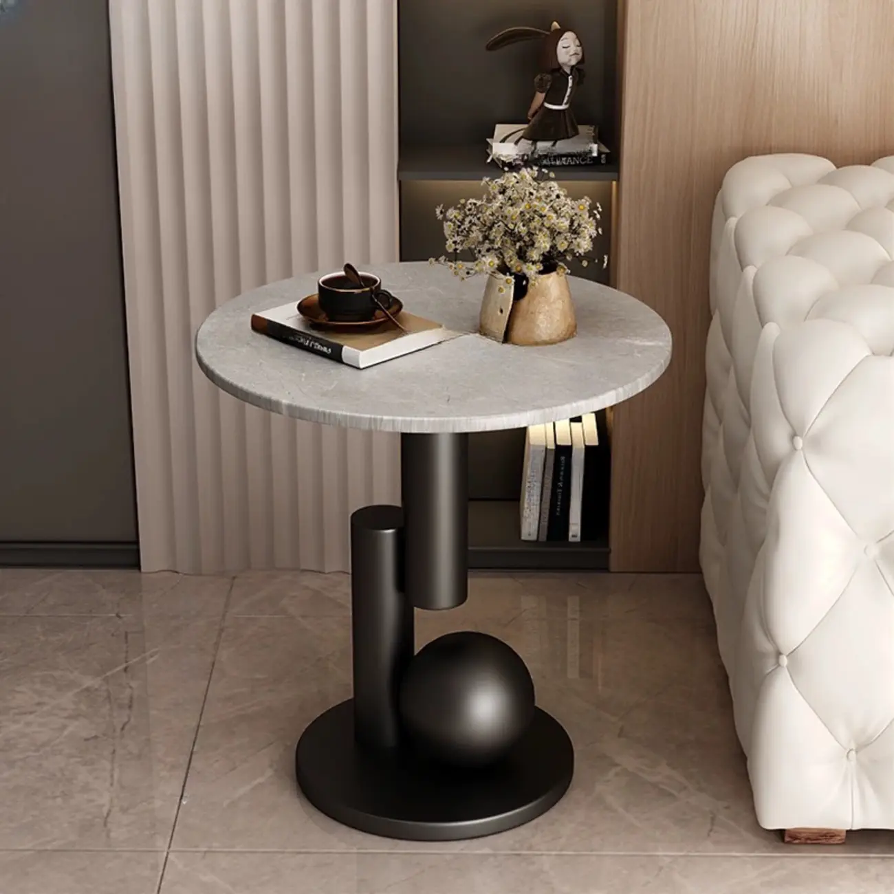 Glam Round Stone Top End Table Abstract Base