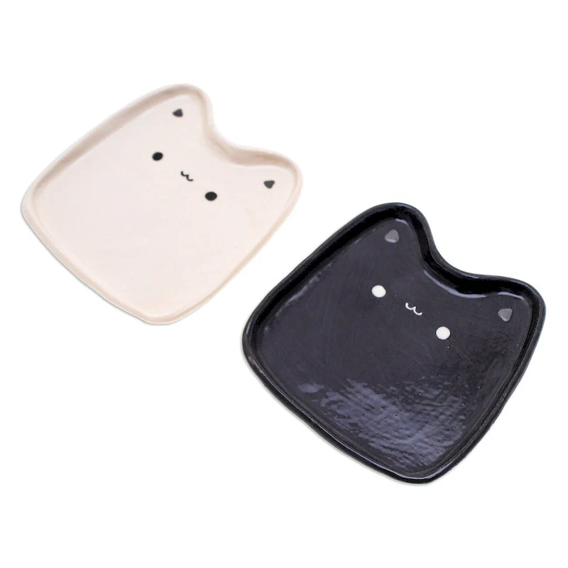 Novica Handmade Black & White Felines Ceramic Catchalls (Set Of 2)