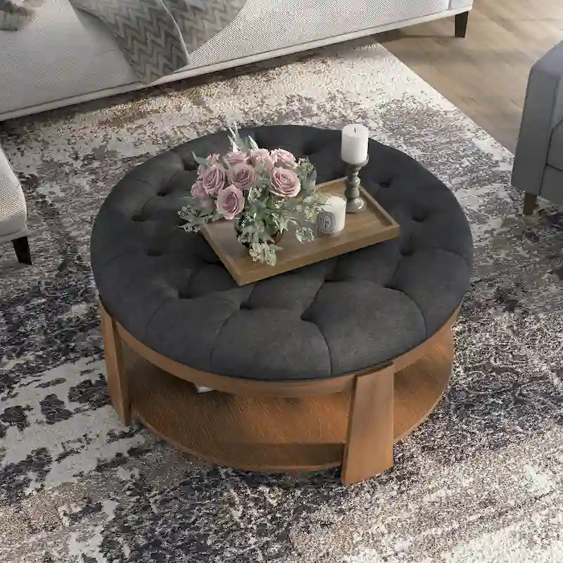 Geoffrey Transitional Round Natural Wood Open-Shelf Tufted Ottoman with Wheels by Furniture of America