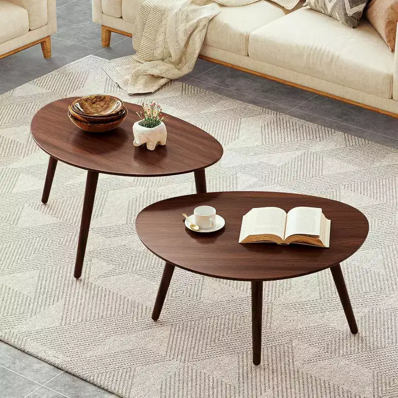 GDFStudio Beau Mid-Century Modern 25.59 W Solid Oak Wood Oval Coffee Table with Three Legs