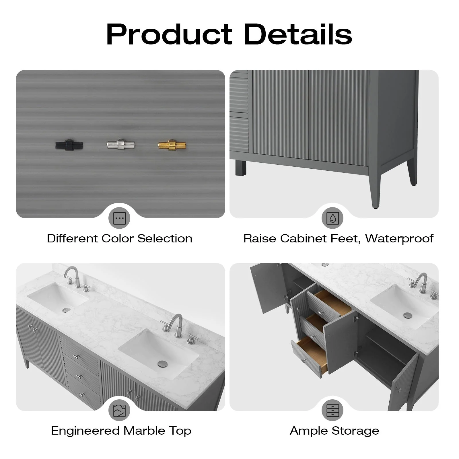 Vanity Art 72 Double Sink Bathroom Vanity Cabinet with Engineered Marble Top