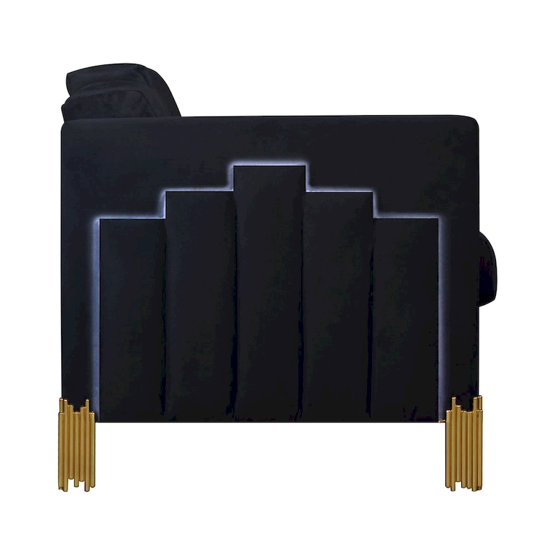 Theo Sofa, Black Velvet, Blue LED Lights, Gold Metal Legs, 83 Inch