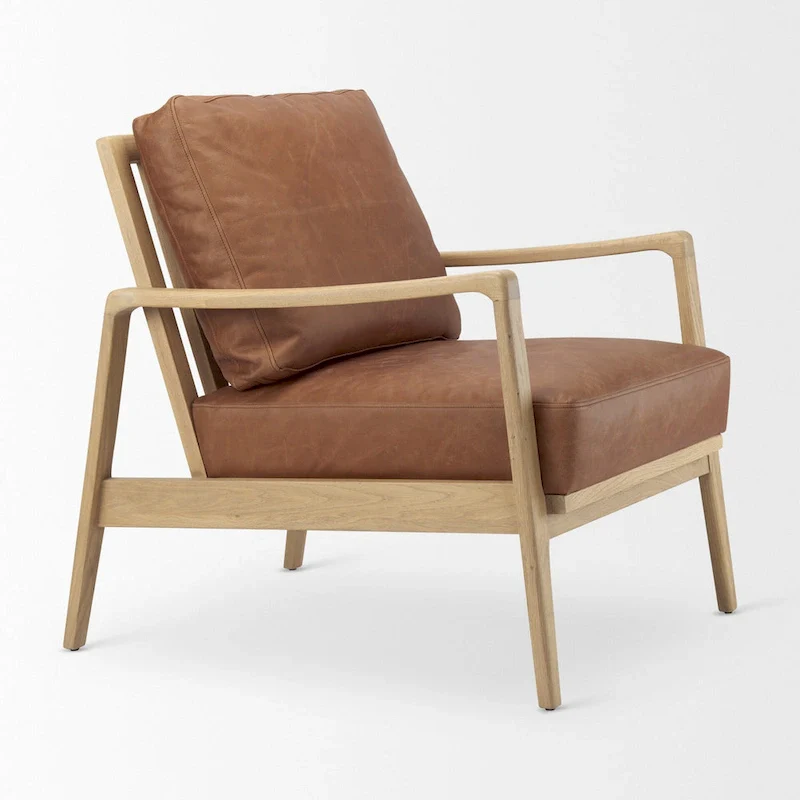 Brown Genuine Leather w/ Light Brown Solid Beechwood Frame Accent Chair - 27.9W x 34D x 34.4H