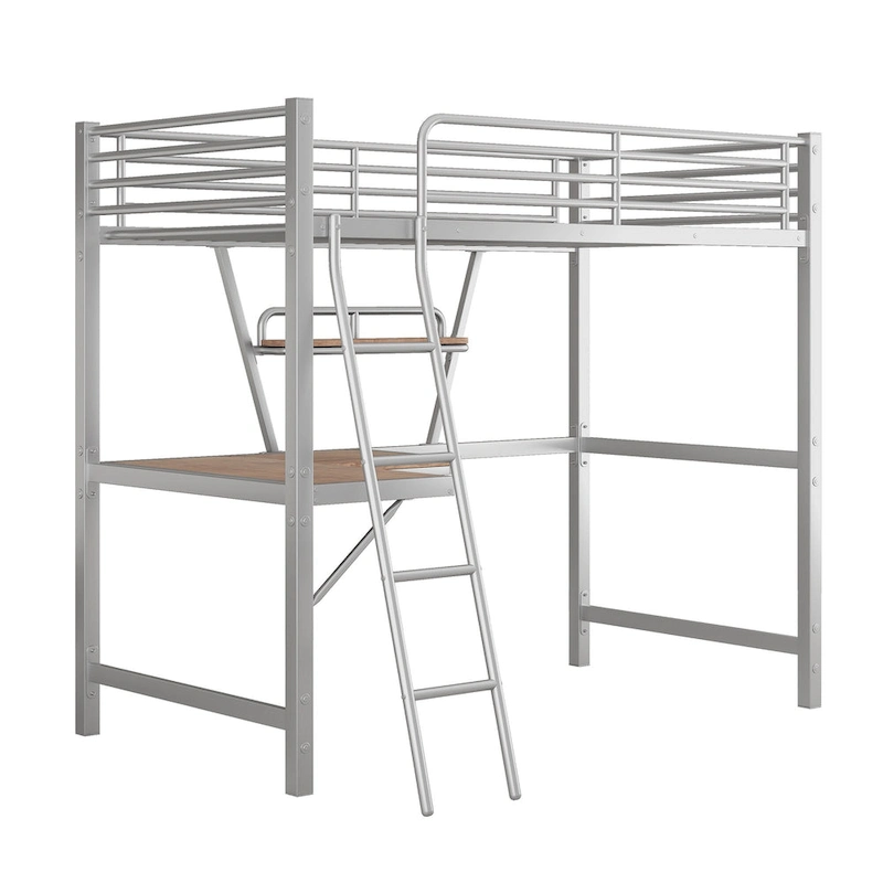 Twin Metal Loft Bed with Desk and Guardrail