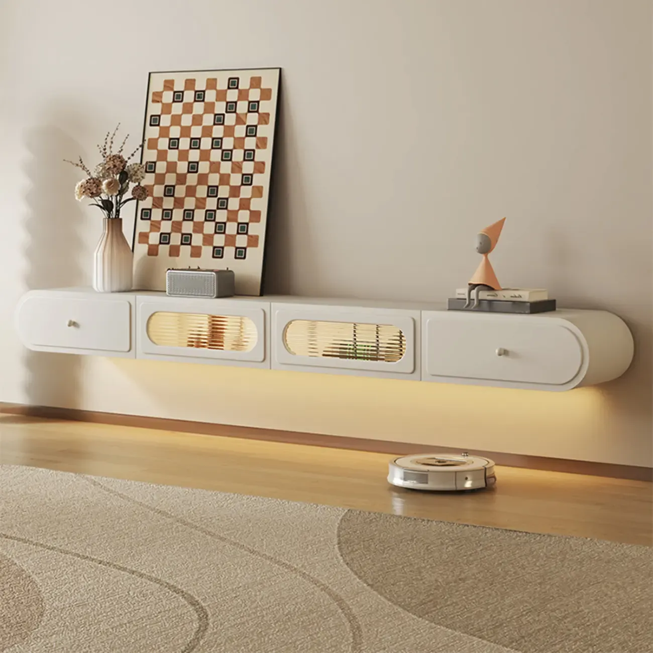 Minimalist Wooden Floating TV Stand with Lighting & Drawers