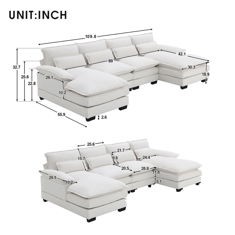 6-seat Upholstered Modern U-shaped Sectional Sofa with Waist Pillows,Sleeper Sofa Couch with Chaise Lounge,White