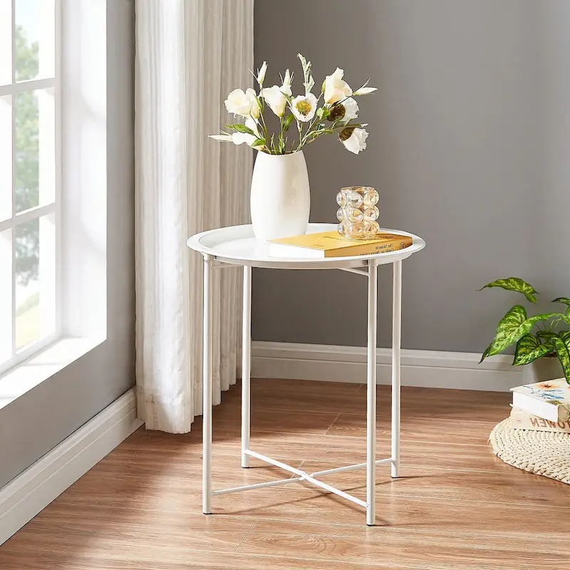 Modern Side Table with Round Removable Tray, Beige