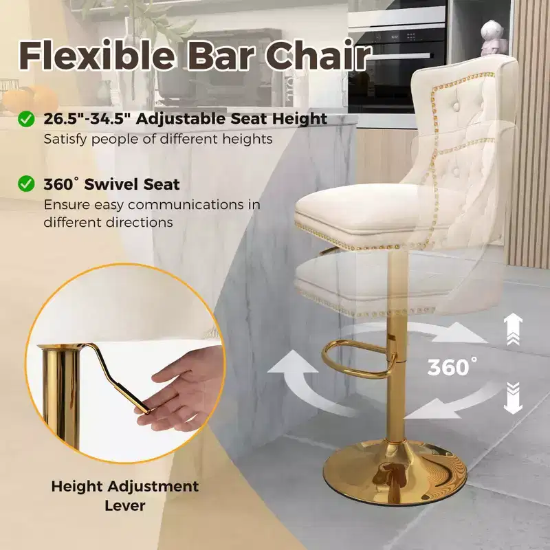 Set of 2 Bar Chairs Dutch Velvet Bar Stool with Footrest Metal Base Anti-Slip Ring Pink/Beige/Grey