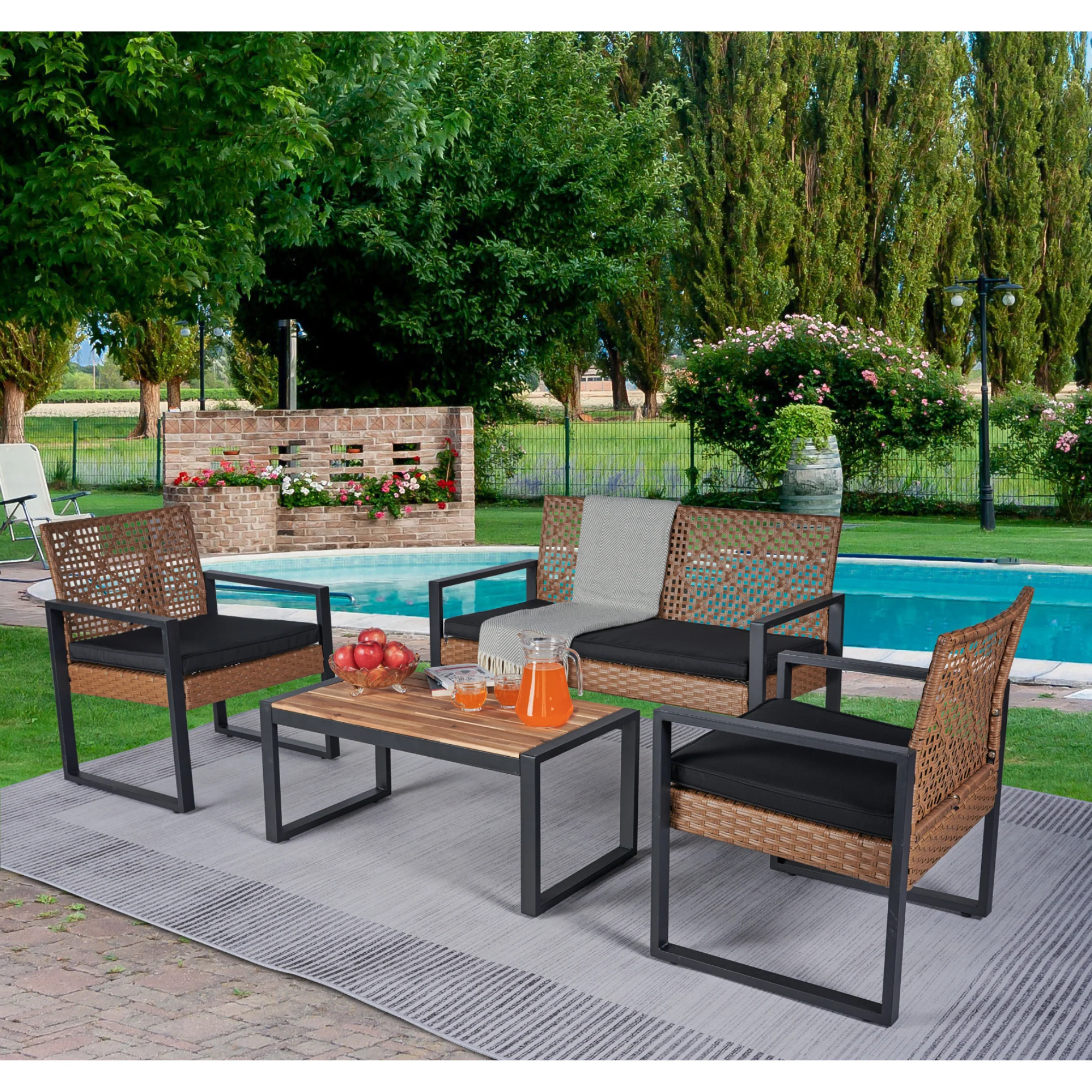 Walker Edison | Outdoor Wicker 4-Piece Patio Furniture Set