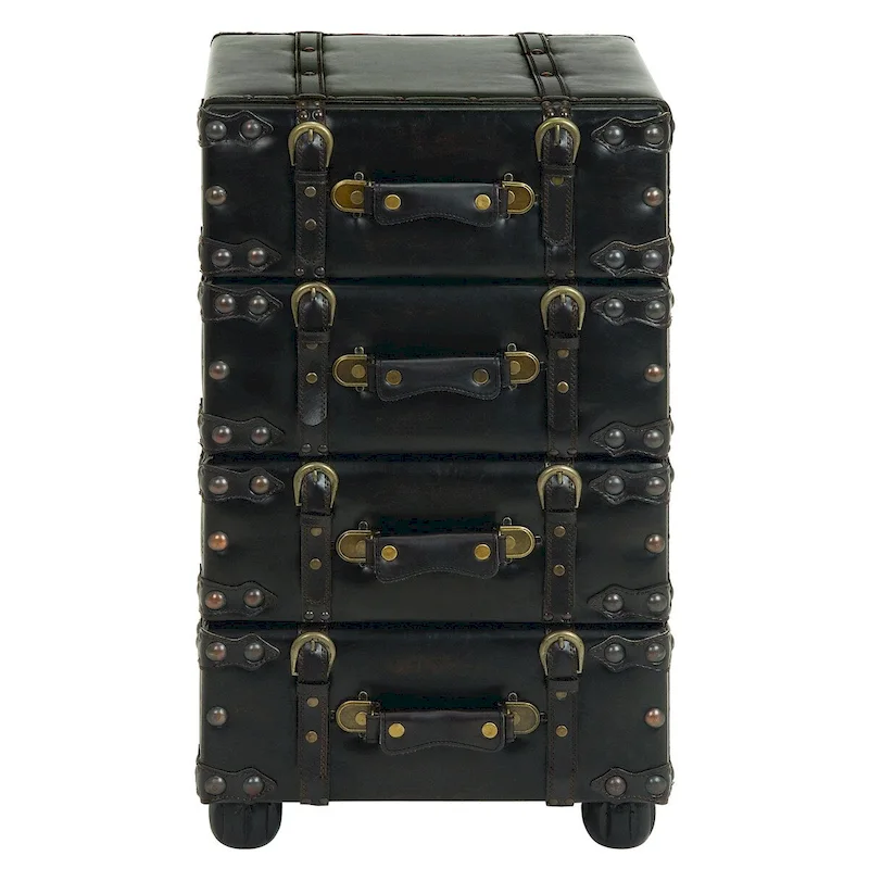 Faux Leather Vintage 4 Drawer Room Chest with Buckle Straps and Gold Stud Details - Black - Roche River Decor