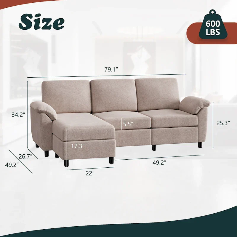 Futzca Sectional Sofa Couch, 3 Seat L Shaped Sofa with Removable Pillows