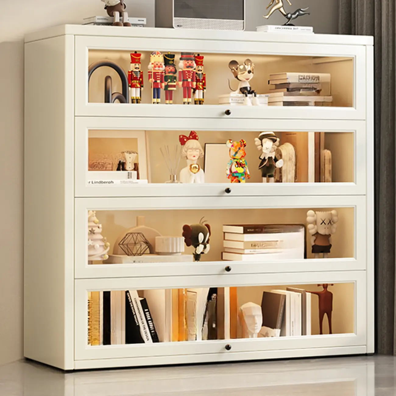 Chalk Vertical Bookshelves with 3 Cabinets, 3-Shelf Alloy Frame and Closed Back