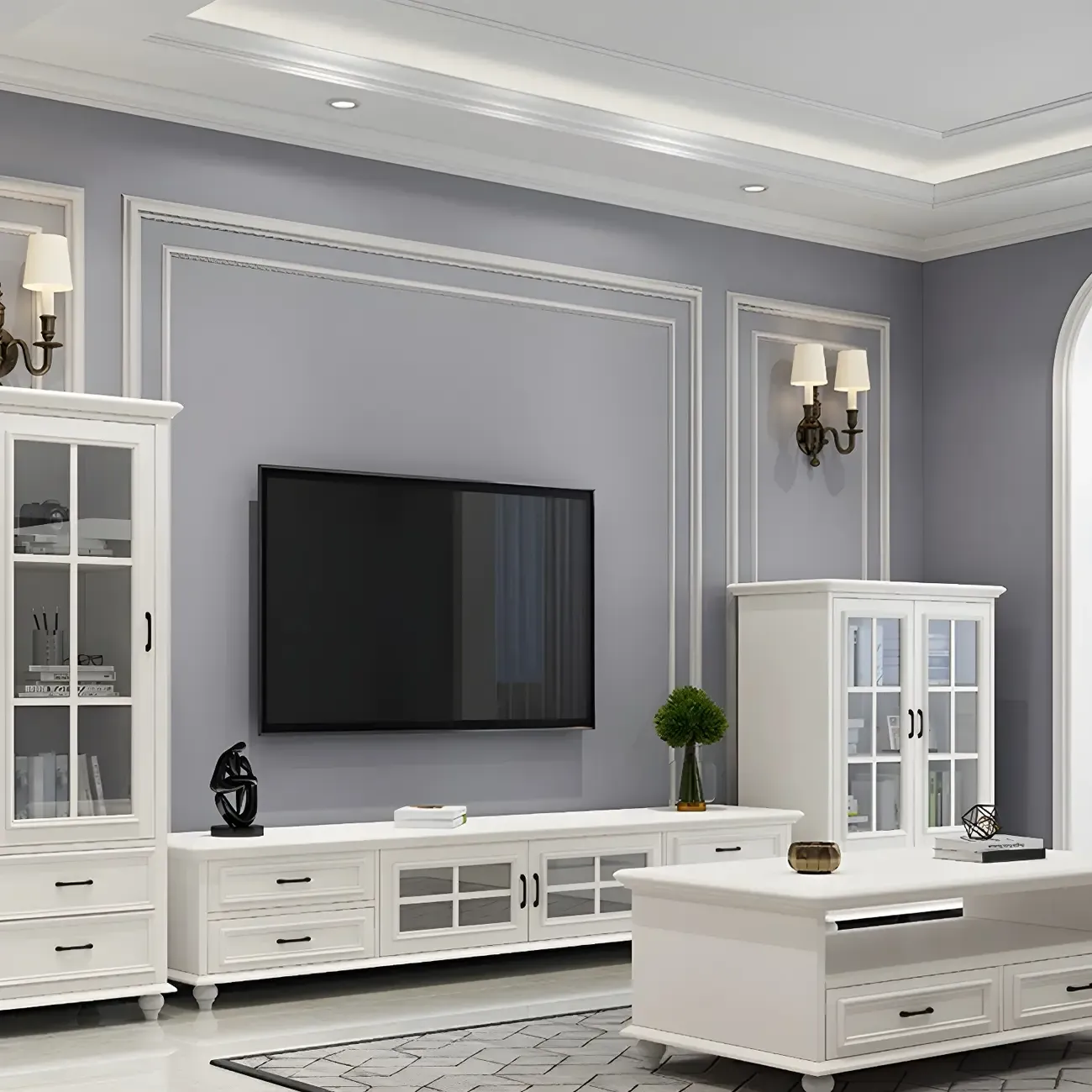 63 Adjustable White Wood TV Stand with Cable Management