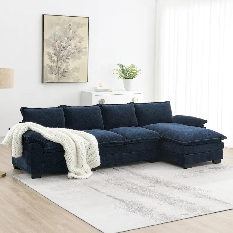 118*55  L-shaped Chenille Cloud Sofa with Double Seat Cushions, 5-seat Upholstered Sleeper Sofa Couch with Chaise Lounge