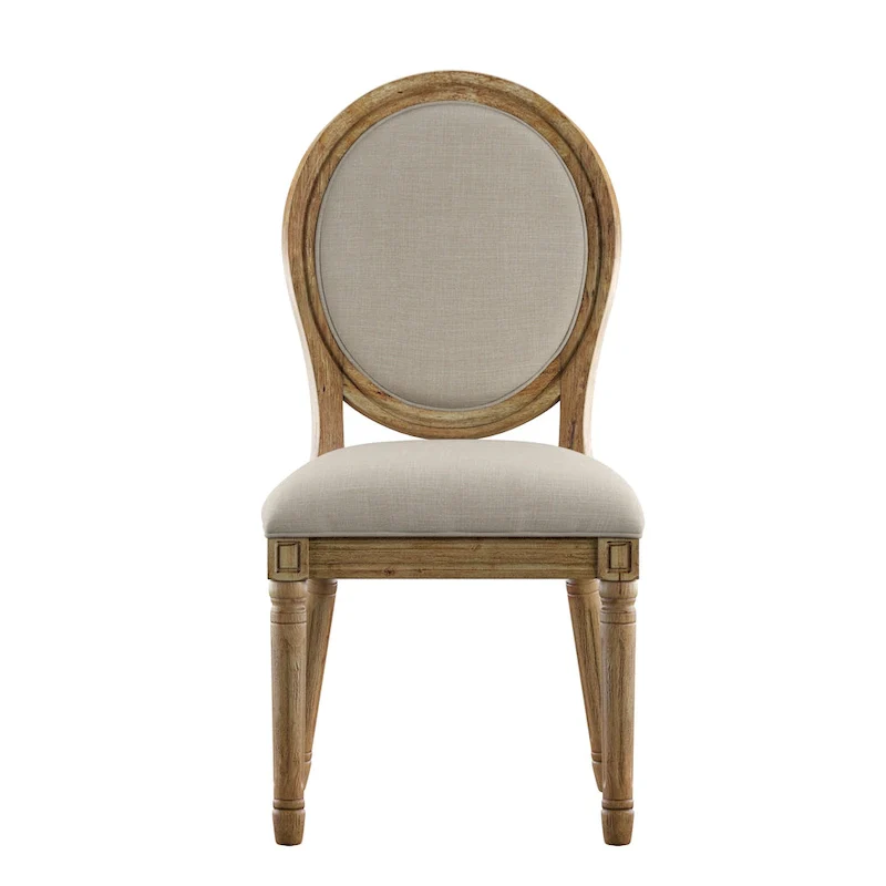 Round Linen and Wood Dining Chairs Set of 2, Artisan Style Upholstered Side Chairs