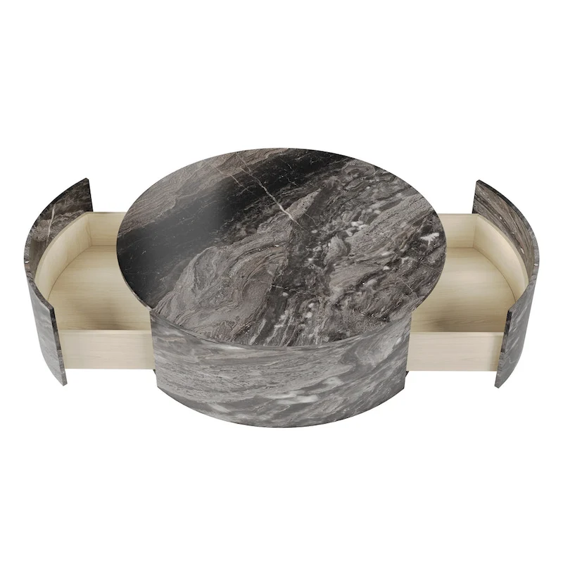 Modern Faux Marble Round Coffee Table Center Table with 2 Drawers, Fully Assembled