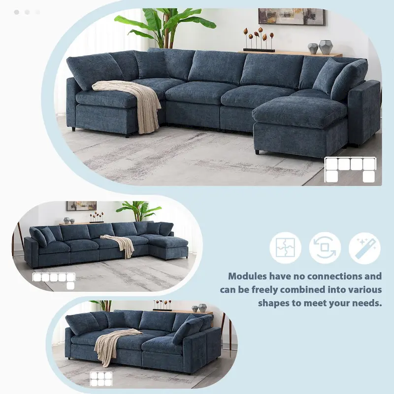 U-Shaped Modular Chenille Sectional Sleeper Sofa with Ottoman
