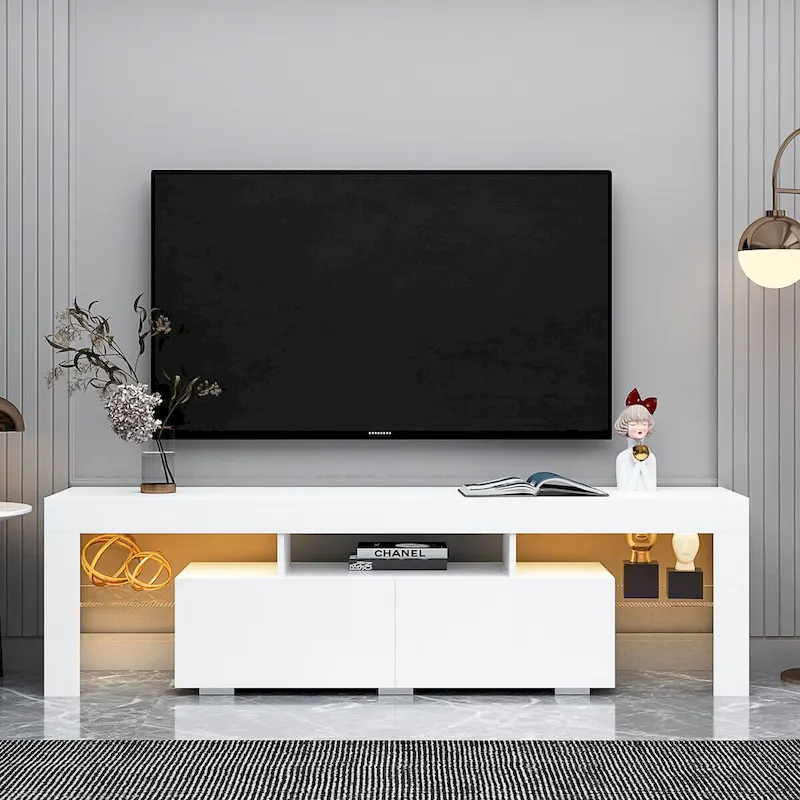 Modern TV Stand up to 70 TV with 2 Drawers & Shelves, LED Lights - 63W x 14D x 18H