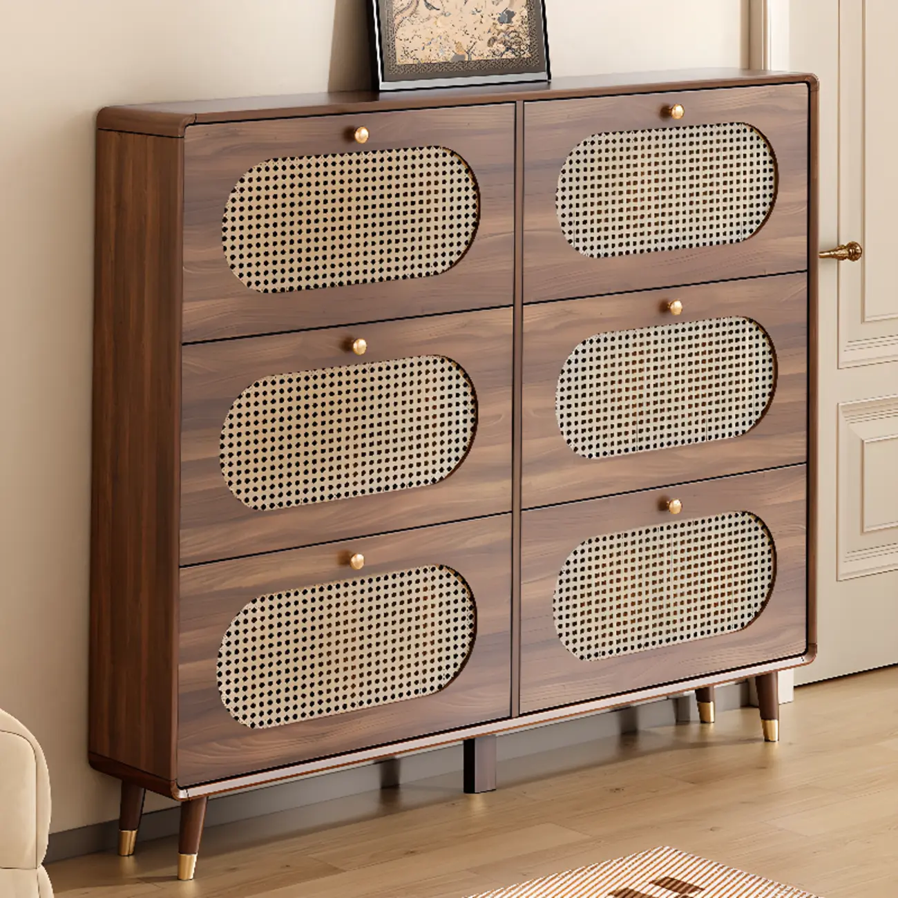 Bohemian Slim Brown Drop-Front Wood Shoe Cabinet