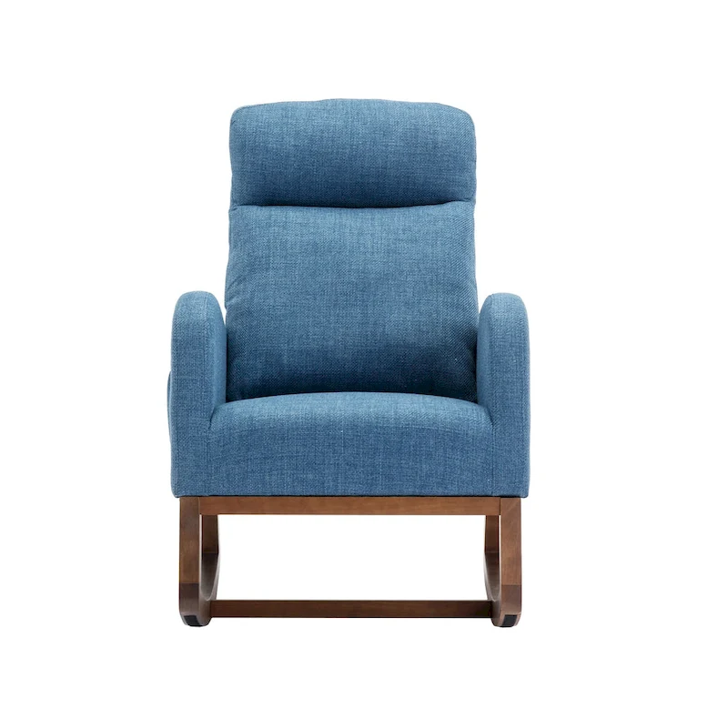 Blue 27 Upholstered Rocking Chair with Wood Legs and Convenient Side Pocket