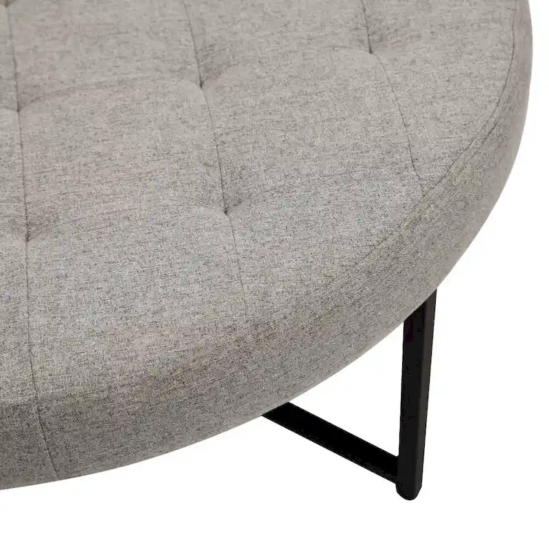 Tufted Round Cotton Linen Ottoman with Iron Frame