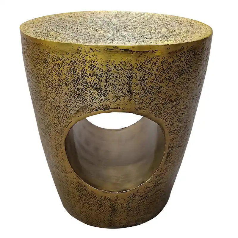 Nala 17 Inch Side End Table, Tapered Drum Shape with Unique Hollow Center, Antique Brass Aluminum