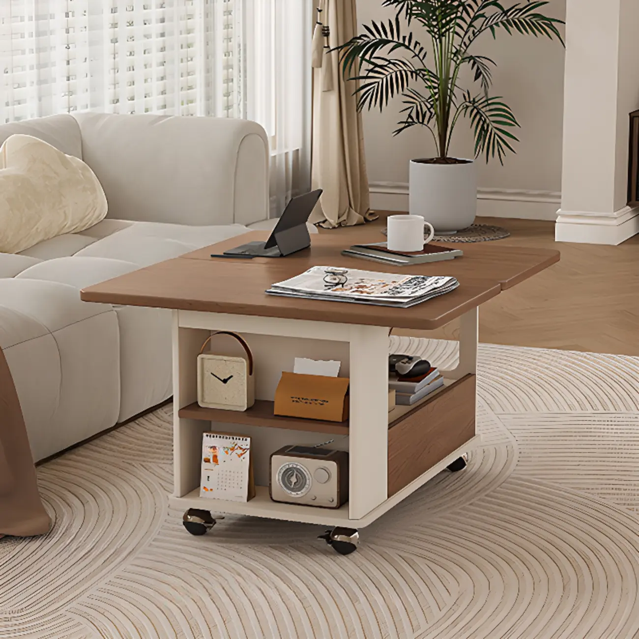 Adjustable Tabletop Modern Wood Side Table with Wheels