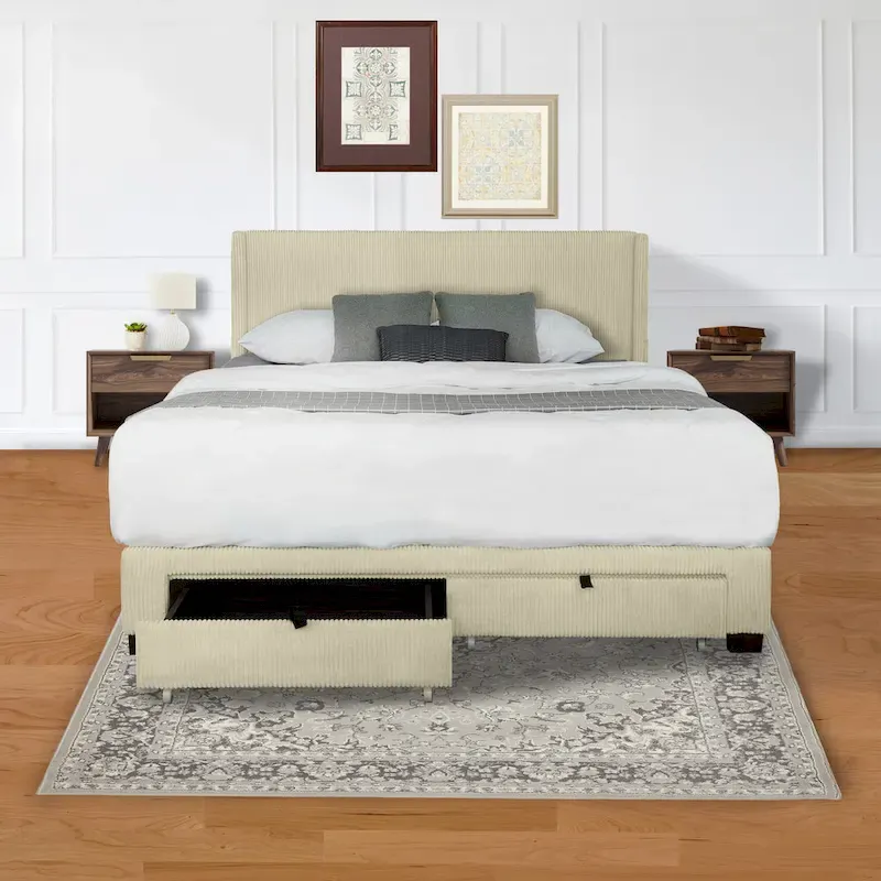 Beige Queen Platform Bed in Corduroy Velvet Upholstered Finish with Wingback Headboard and Footboard Storage