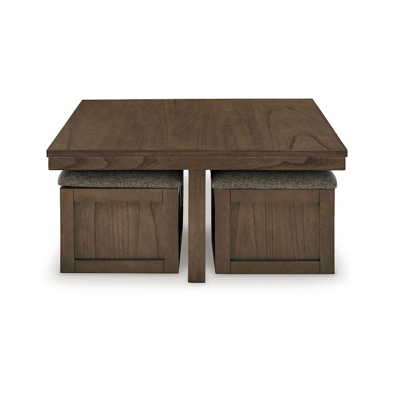 Olaf Coffee Table and 4 Nesting Stools Set, Brown Wood, Polyester Top