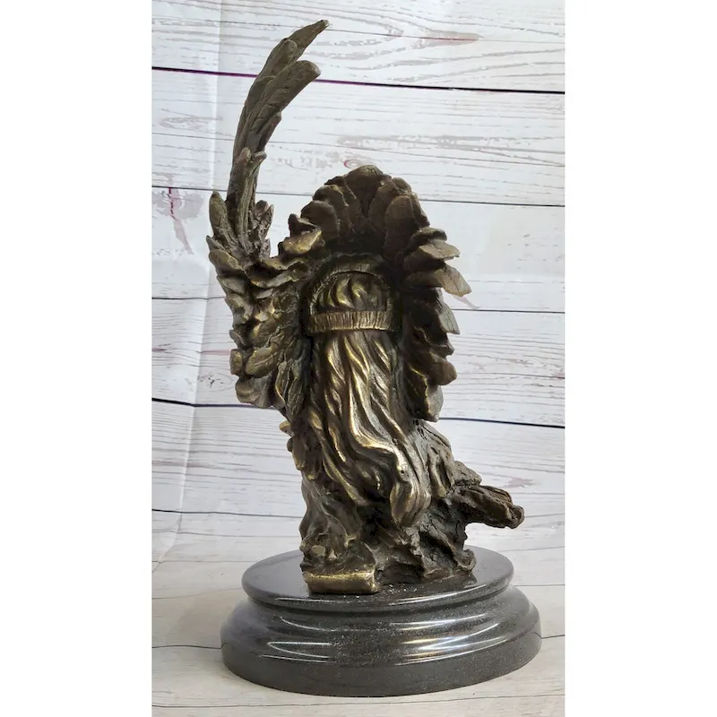 Native American Man Eagle Bronze Metal Bust Sculpture Statue On Marble Base