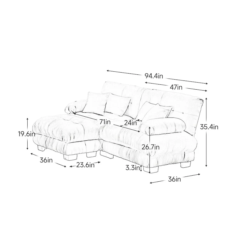 L Shaped Loveseat Sofa Chenille Sectional Couch with Lumbar Pillows