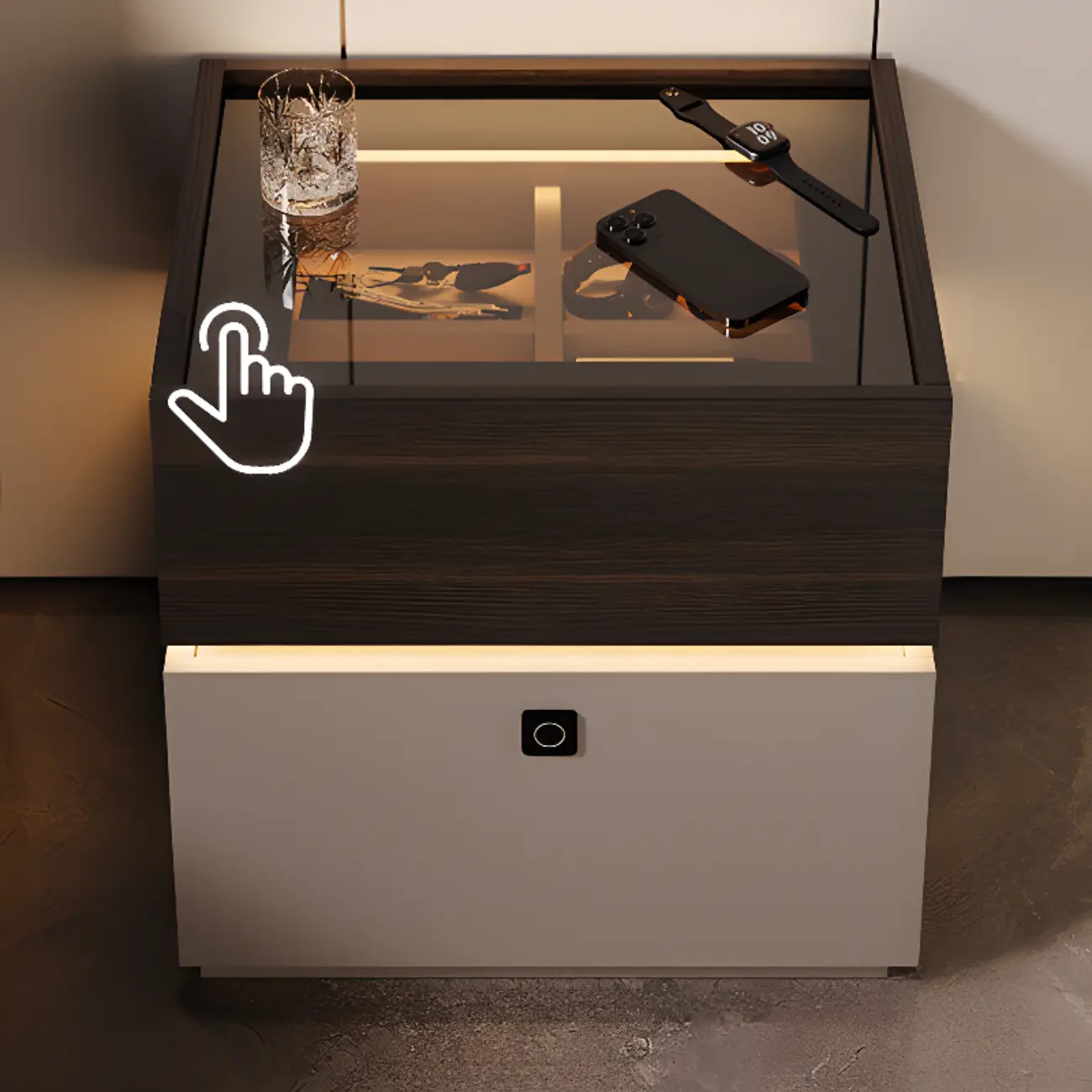 Narrow Black Glass Top 2-Drawer Wood Nightstand with Light