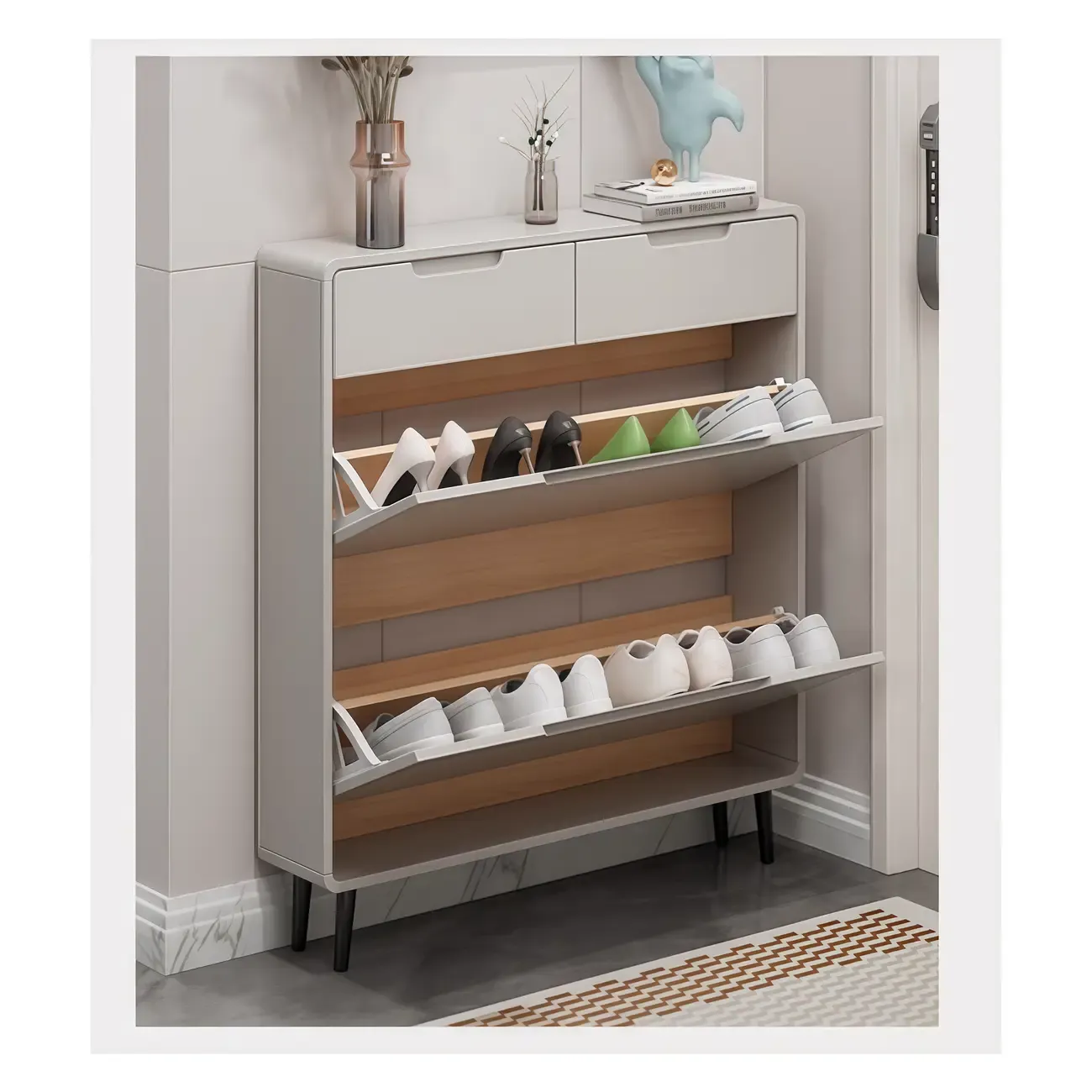 Drop-Front Beige Wood Entryway Shoe Cabinet with 2-Drawer