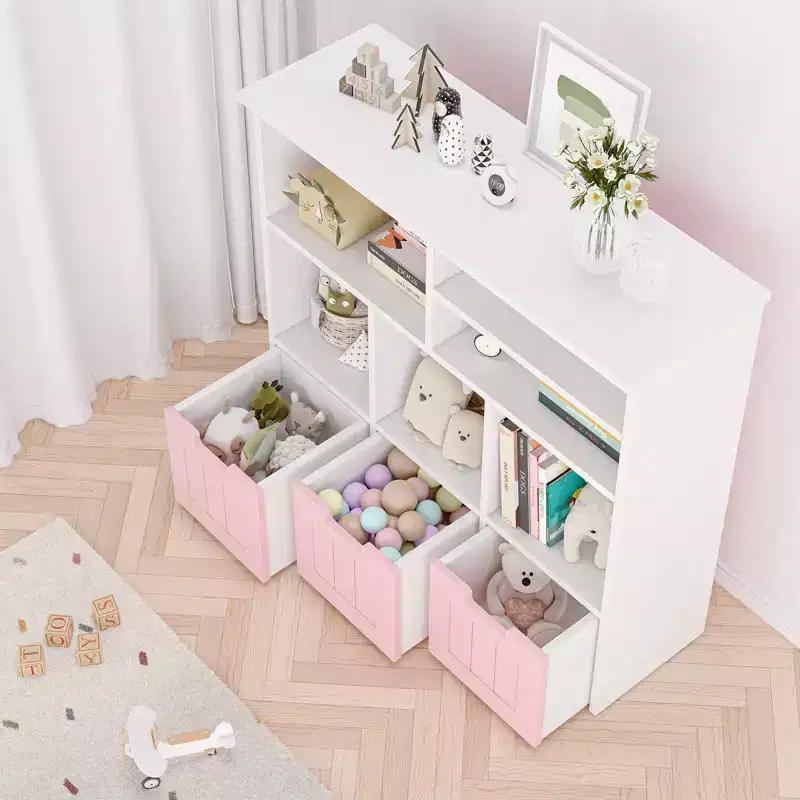 Toy Storage Organizer  Kids Bookshelf with 3 Movable Drawers, Toddler Bookcase Cabinet for Bedroom, Playroom, Nursery (Pink White), Easy Assembly