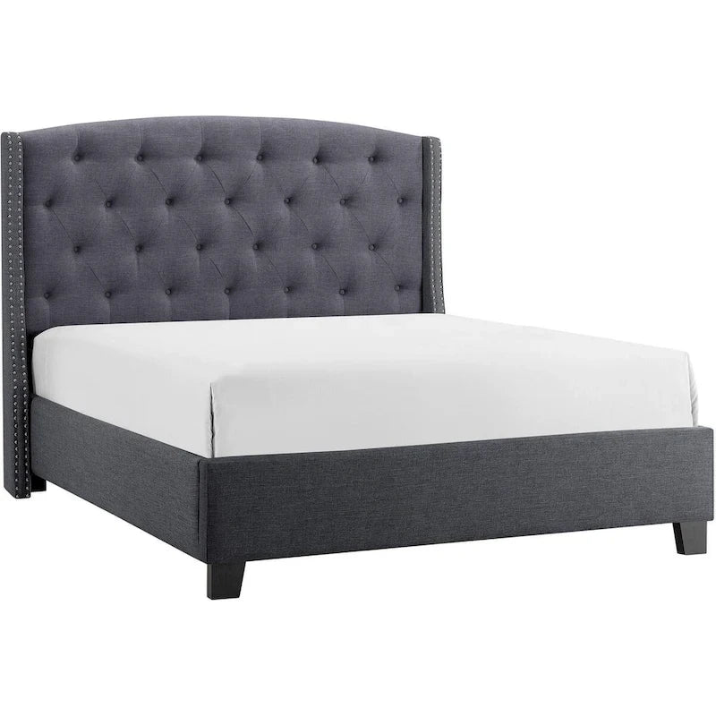 King Bed with Button-Tufted Wingback Headboard – Gray / Black, Low Profile