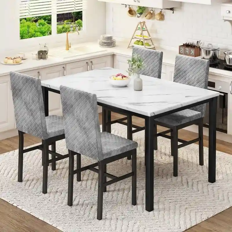 Grondin 5-Piece Dining Room Table Set with Faux Marble Table Top and Diamond Stitching Velvet Upholstery Dining Chairs
