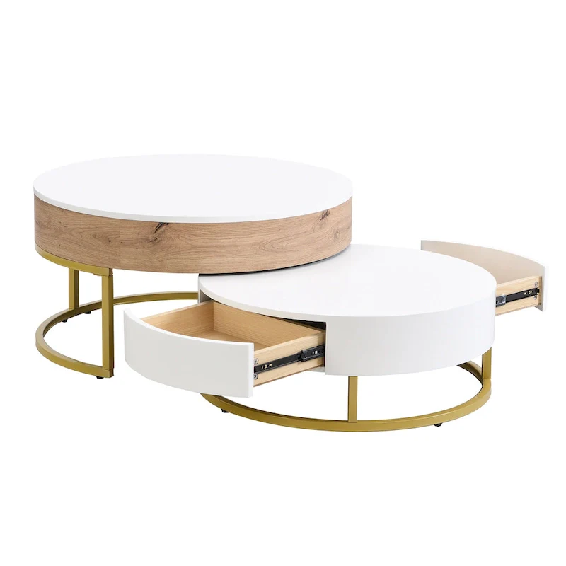 Modern Round Lift-top Nesting Coffee Tables with 2 Drawers