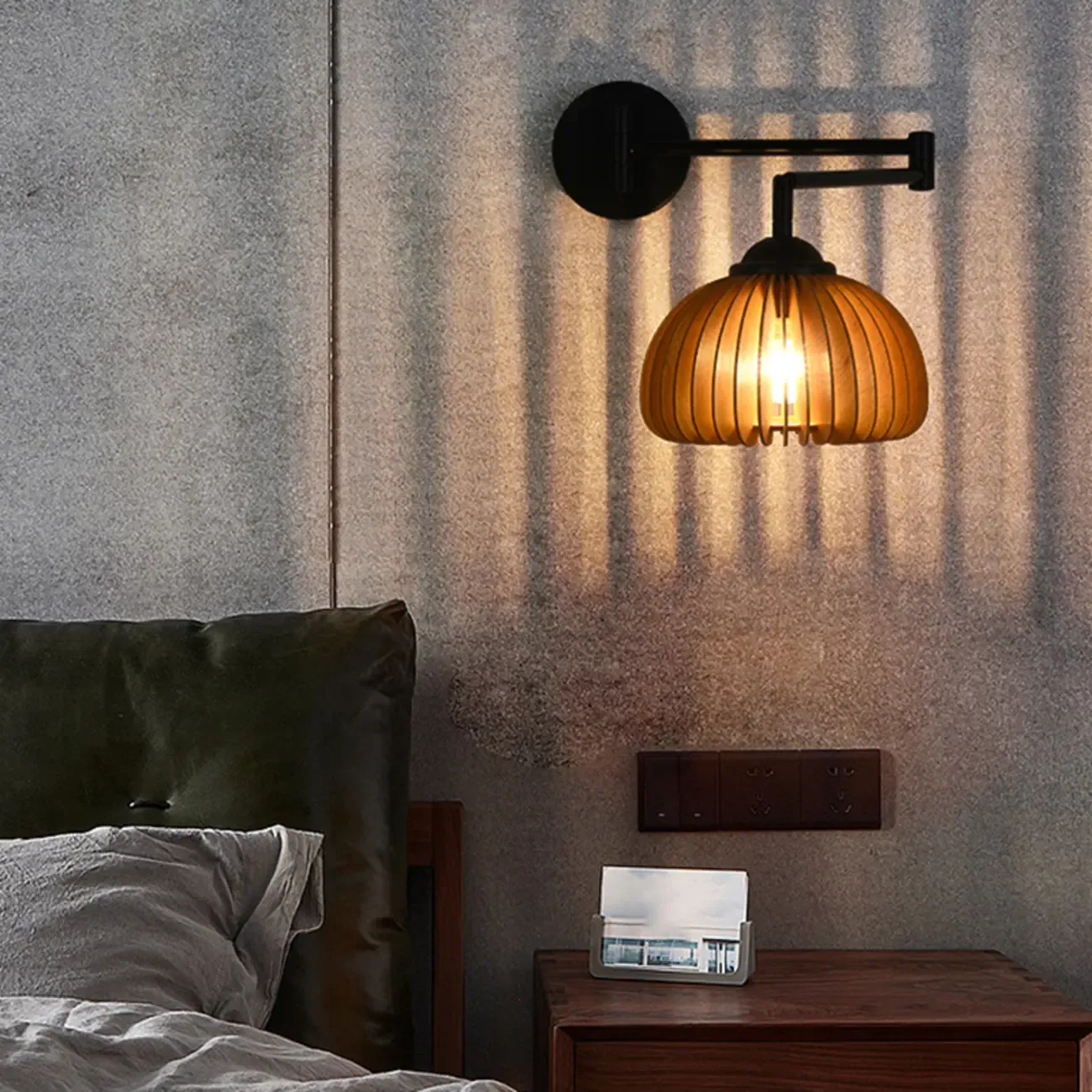 18 Small Bedside Swing Arm Wall Light with Wooden Shade