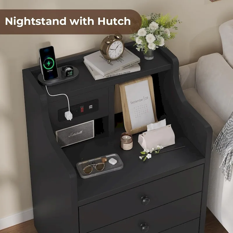 3-Drawer Nightstand with Built-in Charging Station and Open Shelf – White / Pink / Grey / Black, for 1 Person