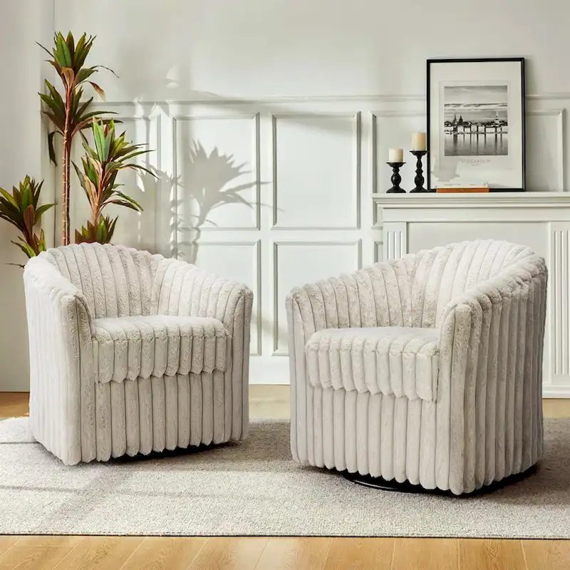 Faux Rabbit Fur Swivel Barrel Chairs - Set of 2